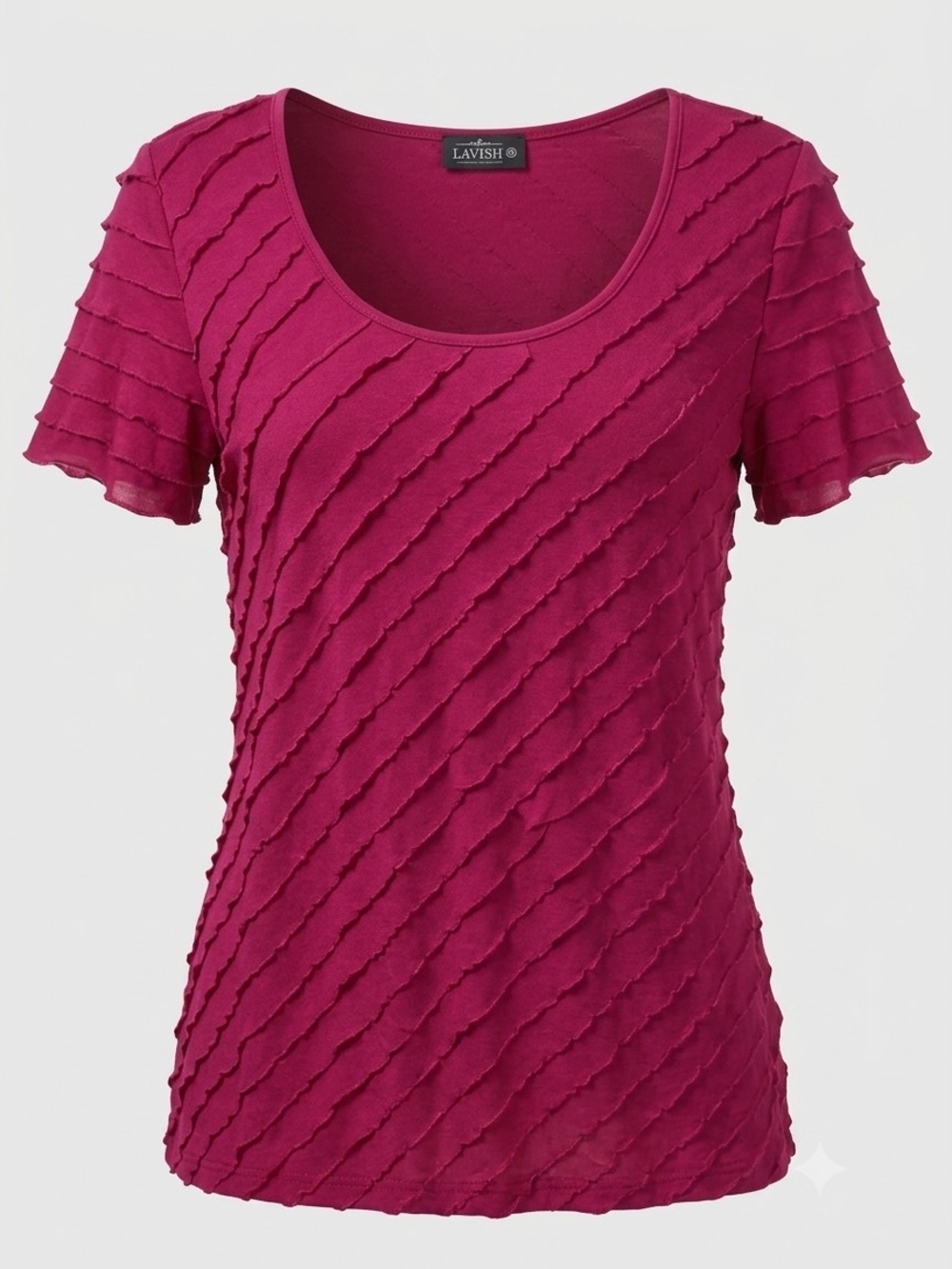 Lavish Magenta Diagonal Ruffle Short Sleeve Scoop Top
